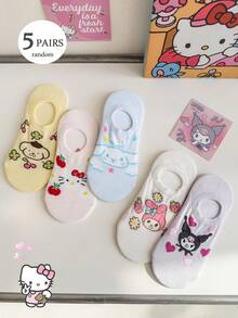 Sanrio 袜子 5 双装 女士 My Melody & Cinnamoroll 隐形无痕袜，透气可爱（不含纸板内衬，颜色随机） - 彩色 - 查看 7