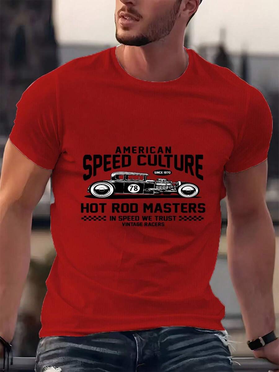 Men's Vintage T-Shirt With Hot Rod And Car Print - Short Sleeve T-Shirt With Retro Automotive Graphics, Hot Rod Style And Car Culture, Casual Summer Car T-Shirt, Casual Outfit - Machine Washable Crew Neck - 紅色 - 查看 1