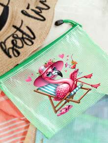 Tas Pantai Berbahan Jaring Tahan Air Berwarna-warni, Tas Kosmetik dengan Motif "Flamingo" Berwarna-warni, Tema Pantai. Tas Kosmetik Transparan Kapasitas Besar - MultiWarna - View 7