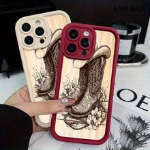Phone Case - Western Boot Design Pattern Phone Case For Iphone16Promax, 16 15Pro 14PLUS 13 12Pro 11 Pro Max X XSMAX Shockproof Silicone Bumper Drop Protection Soft Back Cover - 酒紅 - 查看 6