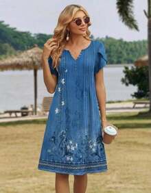 ,Flower Dress Women,2026 Women's Summer Casual Floral V-Neck A-Line T-Shirt Mini Dress Short Sleeve With Pockets Beach Sundress,Casual Summer Dress, S - A02-藍色花卉 - 查看 4