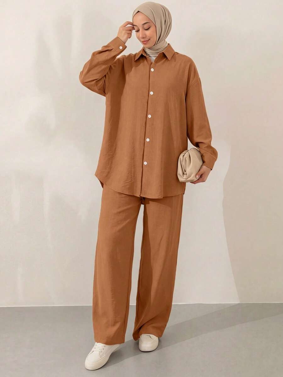 女款休閒寬鬆兩件套,優雅風格,包含長袖鈕扣襯衫與口袋寬腿長褲,棕色秋季款 - 棕色 - 查看 1