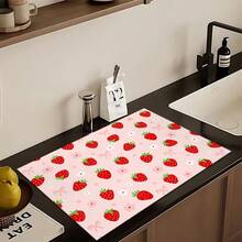 1 pieza Felpudo absorbente con estampado de fresa para secar platos, Felpudo absorbente para mostrador de máquina de espresso, Felpudo absorbente para fregadero, Felpudo absorbente suave para grifos, Felpudo absorbente para tazas de fregadero, Accesorios para el hogar y la cocina, Accesorios de baño - Multicolor - Ver 4