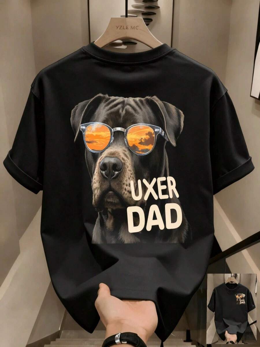 Camiseta deportiva para hombres que absorbe la humedad, camiseta de algodón puro impresa de manga corta, ajuste holgado, pantalones casuales versátiles y elegantes - Negro - Ver 1