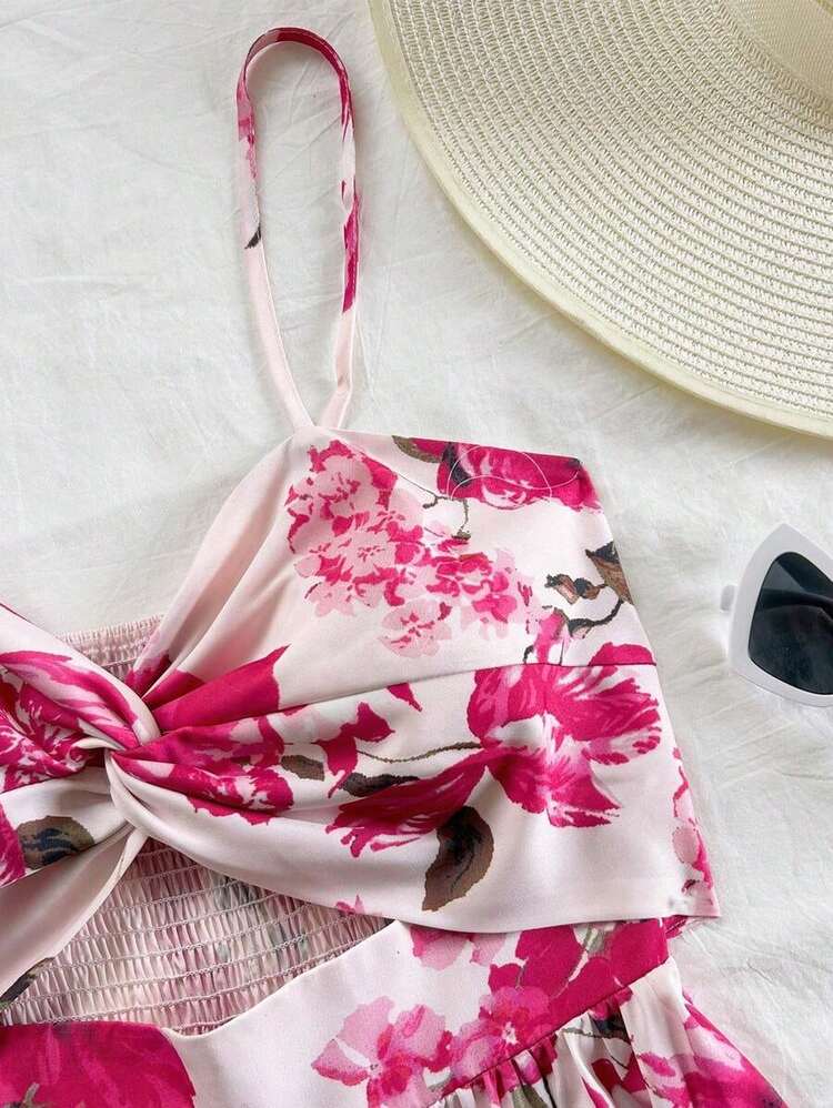 FJDVSoleia Vestido midi con escote en V, cierre con lazo, cintura fruncida y estampado tropical, estilo para vacaciones en la playaFBSB NK1T - Multicolor 2 - Añade 4