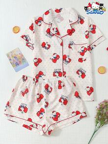 Sanrio Women's Pajama Set, Hello Kitty Short Sleeve Pocket Top And Bow Shorts Casual Loungewear Set - Apricot - View 1