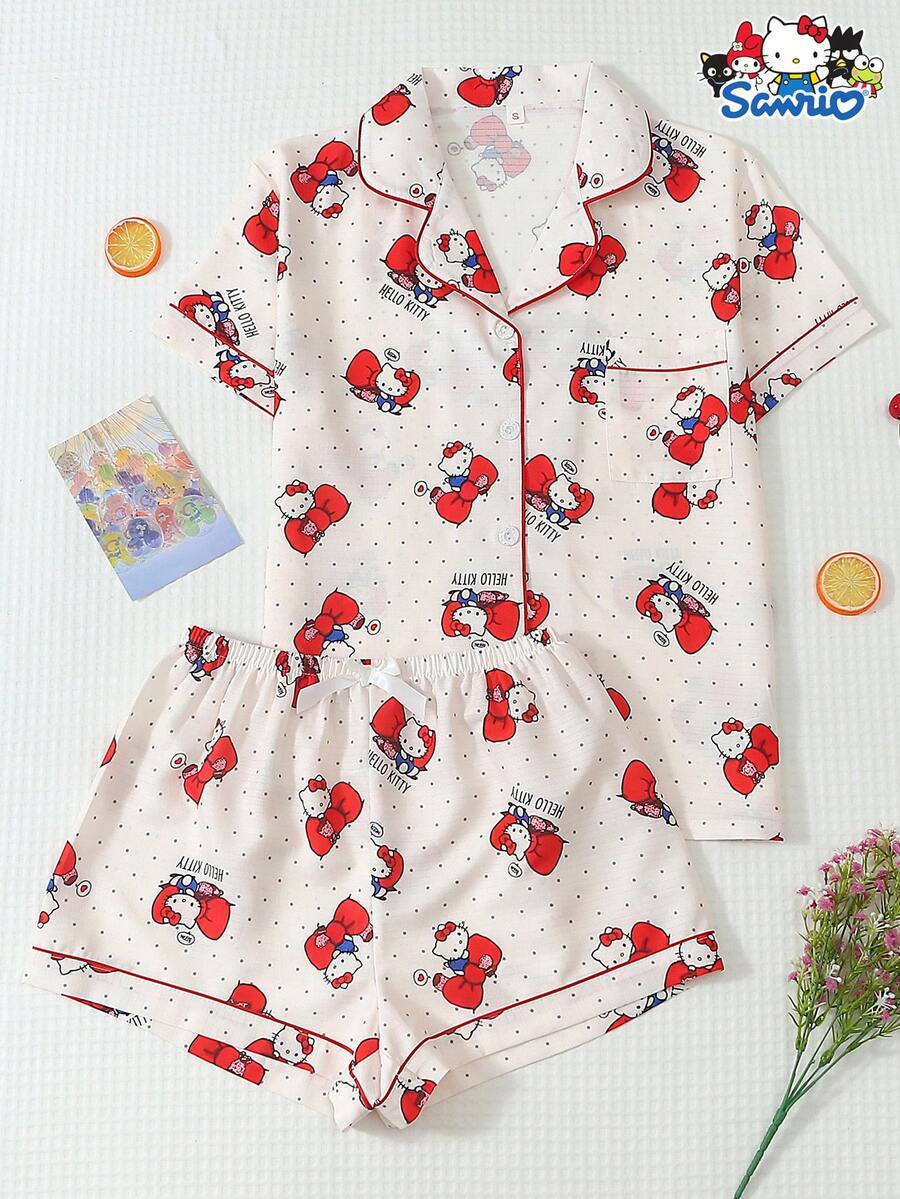 Sanrio Women's Pajama Set, Hello Kitty Short Sleeve Pocket Top And Bow Shorts Casual Loungewear Set - Apricot - View 1