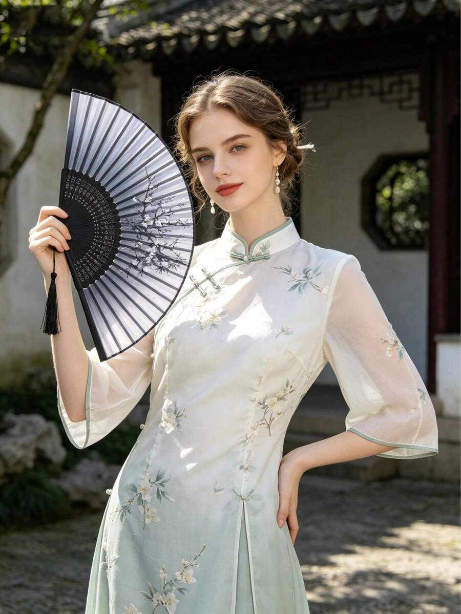 中式櫻花摺疊手扇,黑色竹製扇骨,便攜式復古絲綢扇,適合女性,適用於旗袍、蘿莉塔、攝影、舞蹈、婚禮及夏季涼爽 - 彩色 - 查看 1