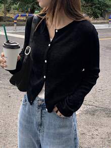 1pc Solid Color Knit Front Button Cardigan, Lightweight For Spring And Summer Daily Wear Black, Chic & Elegant - Black - View 4