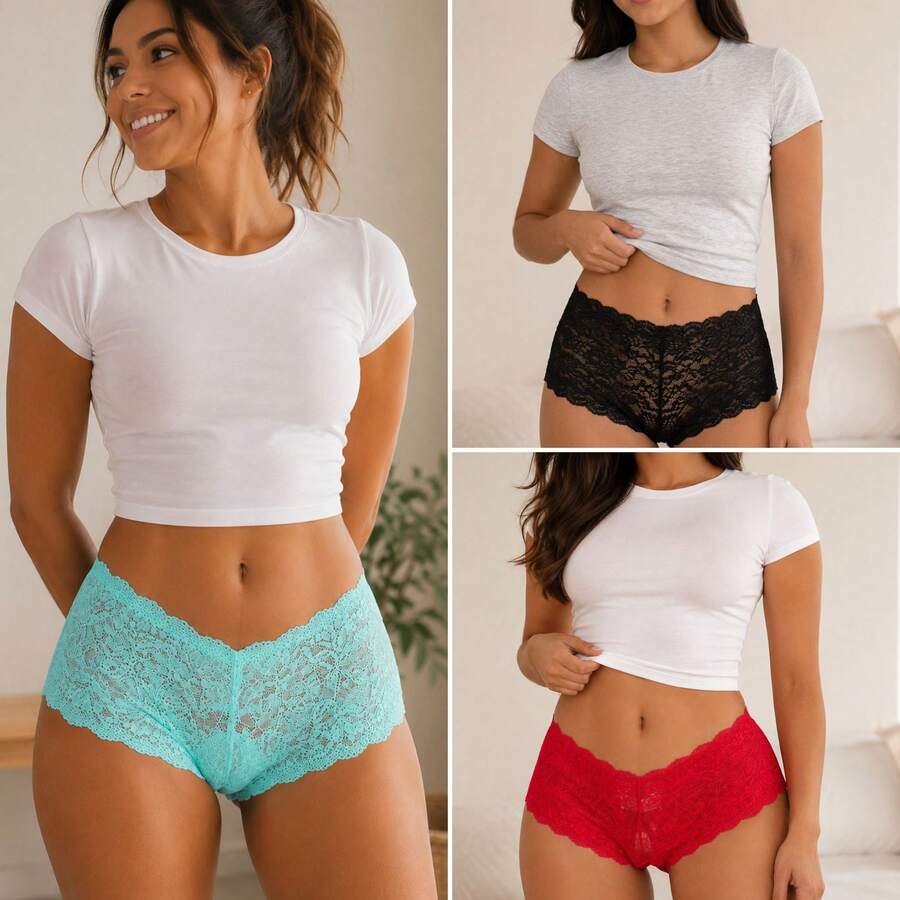 Kit 3 Calcinhas Caleçon Feminina Shortinho em Renda Confortável Lingerie Rendada Cintura Baixa Macia Leve Calcinha Feminina Cores Sortidas Moda Íntima Uso Diário - Multicolorido - Visão 1