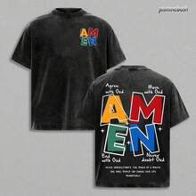 Camiseta AMEN con Letras Clásicas para Hombre y Mujer, Estilo Vintage, Algodón Lavado Desgastado, Corte Casual, God Bless ZCXH - Negro - Ver 1
