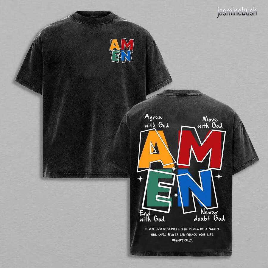 Camiseta AMEN con Letras Clásicas para Hombre y Mujer, Estilo Vintage, Algodón Lavado Desgastado, Corte Casual, God Bless ZCXH - Negro - Ver 1