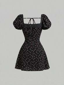 Vestido de moda con cuello cuadrado, mangas de pétalo y estampado floral para mujer - Negro - Ver 4