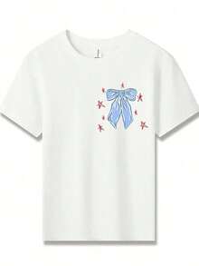 American Honey Kids' Short Sleeve T-Shirt With 4th Of July Cartoon Print, 180g, Soft, Comfortable And Breathable, Suitable For All Seasons, Perfect For Boys And Girls For Everyday Wear, School And Casual Sportswear. An Ideal Crew Neck T-Shirt For Holiday Parties, Gatherings, Outdoor Activities And Travel. - 粉色 - 查看 2