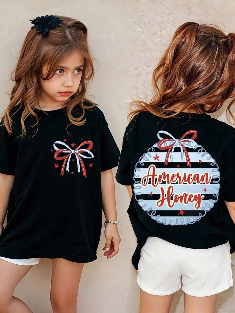 American Honey Kids' Short Sleeve T-Shirt With 4th Of July Cartoon Print, 180g, Soft, Comfortable And Breathable, Suitable For All Seasons, Perfect For Boys And Girls For Everyday Wear, School And Casual Sportswear. An Ideal Crew Neck T-Shirt For Holiday Parties, Gatherings, Outdoor Activities And Travel. - 紅色和黑色 - 查看 1