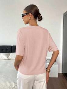 Fashionable Summer Short-Sleeved T-Shirt With Round Neck For Women - Candy Pink - View 3