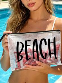 多色防水時尚網格布海灘包,印有「Beach」字樣彩妝包,海灘主題。大容量透明化妝包,附尼龍拉鍊盥洗包 - 輕量,可存放文件、文具、防曬霜、零食、比基尼和海灘必需品。春夏收納,非常適合游泳、海灘、潛水和夏季度假 - 彩色 - 查看 5