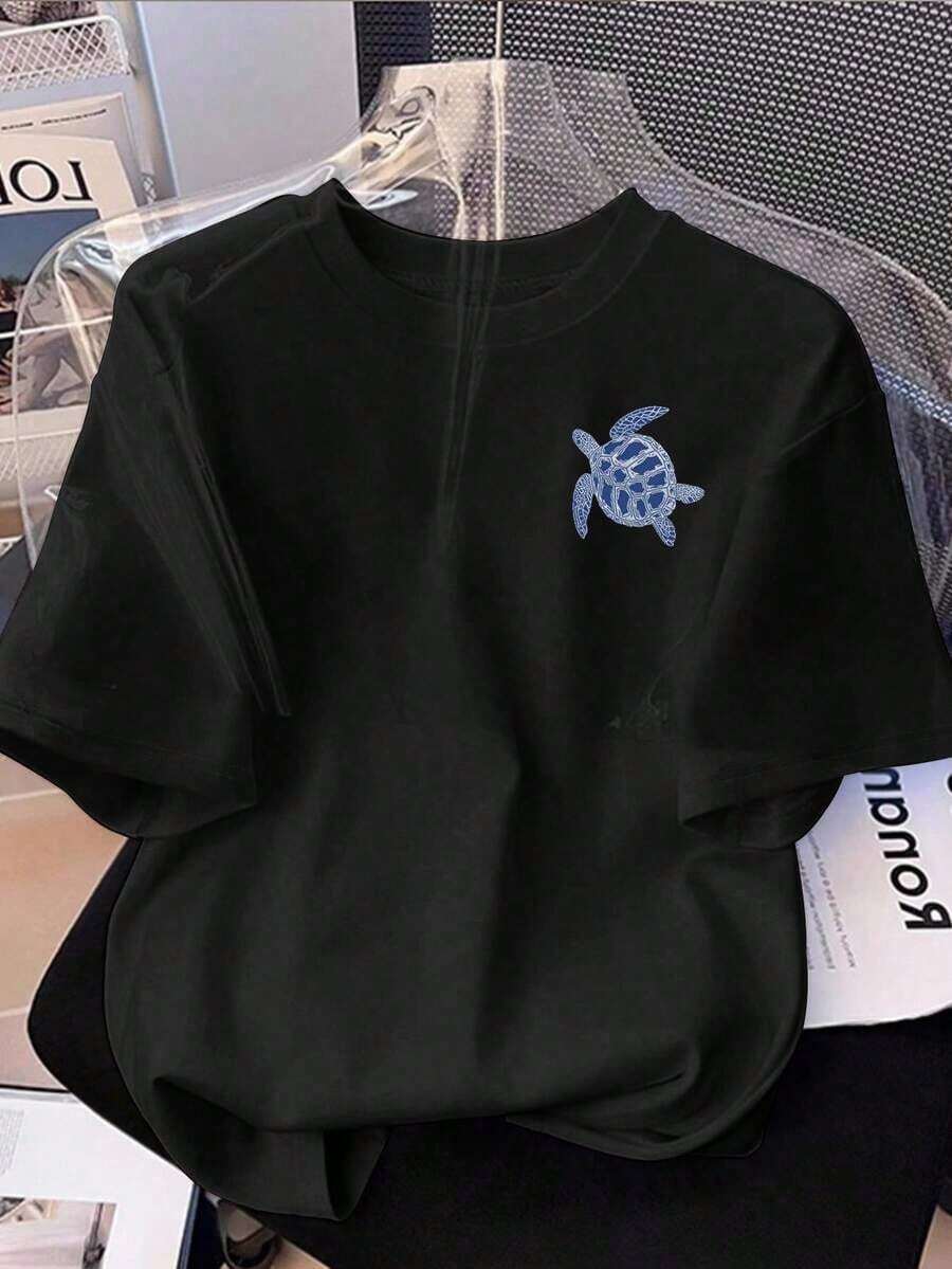 Camiseta holgada de manga corta con estampado de lazo y hombros anchos, de estilo casual para el verano - azul y negro - Ver 1