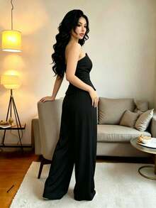 2-Piece Set: Cropped Top With Ruffled Hem Paired With Wide-Leg Pants, Fashionable And Elegant, Suitable For The Office, Commuting, Retro Style, Social Occasions, Parties, Dates, Valentine's Day, Spring/Summer - 黑色 - 查看 2