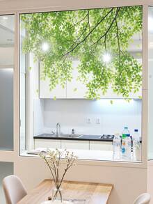Pegatina decorativa de hoja de vidrio impresa con UV, película de sombra de verano para vidrio, pegatina de pared de PVC con planta verde para exteriores - UV69373 - Dosel de gasa verde - Ver 2