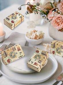 50pcs Creative Suitcase Gift Boxes, Vintage Paper Airplane Candy Boxes, Postmark Stamps, Party Decor Packaging Gift Boxes, Birthday Baking Gift Boxes, Simple Home Gift Boxes - Apricot - View 6