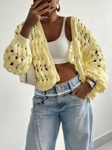 Cardigan tricotat pentru femei, primăvară/vară, stil casual, design scobit cu nasturi, jachetă cu mânecă lungă, culoare solidă, cu design unic - Galben deschis - Vizualizare 2