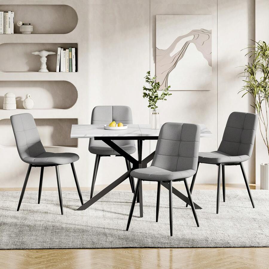 Jooli H Modern Upholstered Dining Chairs Set, Grey Linen Fabric Kitchen Chairs With Black Metal Legs For Dining Room, Kitchen - Grey Linen Fabric - View 1