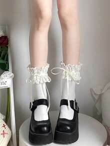 1pair Cute Lace Lolita Bow Decor Short Socks Summer Thin Soft Breathable Daily Casual Women Socks - Multicolor - View 4