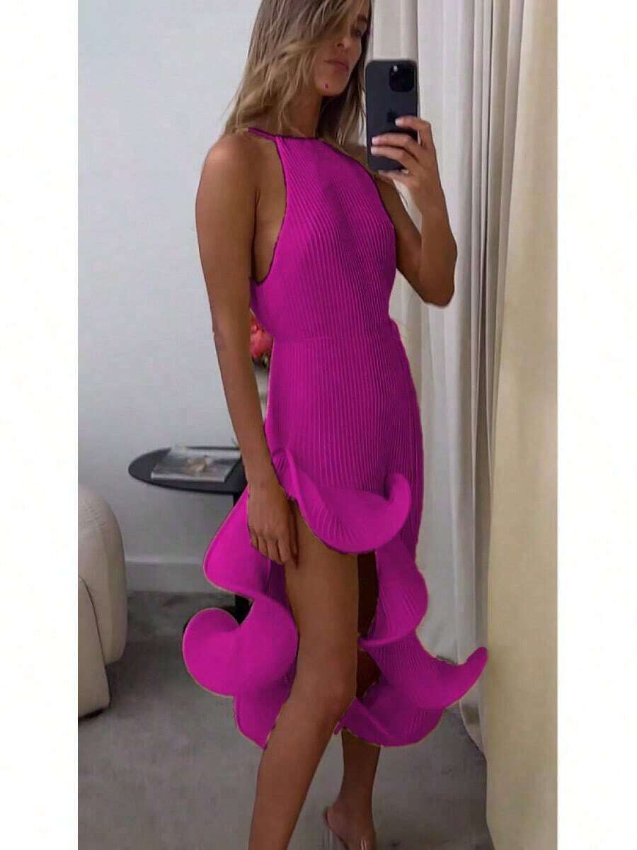 Summer Dresses For WomenIrregular Ruffle Summer Sexy Sleeveless Tie-Up Slim-Fit Dress Women's Casual Party Mini Dressdresses For Women - 玫紅色 - 查看 1