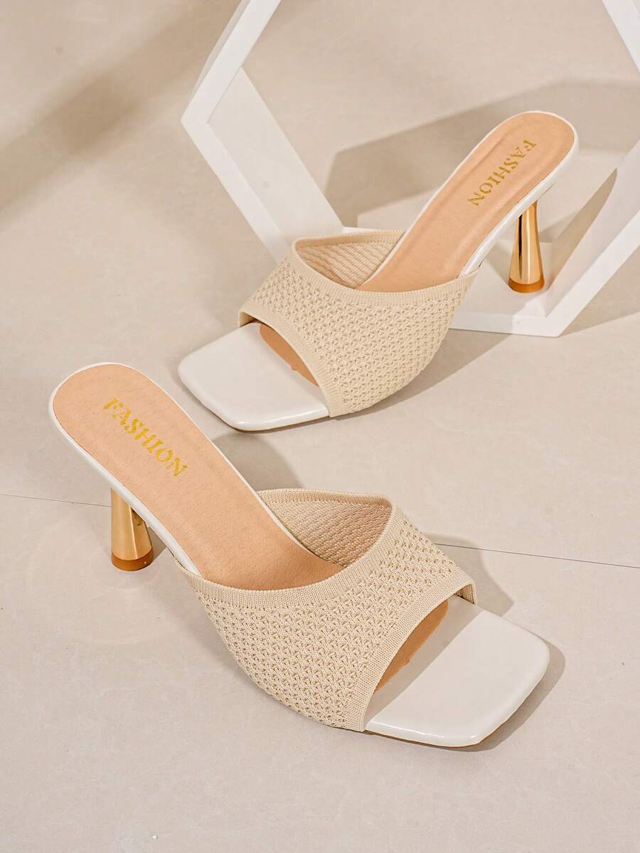 New Knit Hollow Square Toe Mule High Heel Sandals - Beige - View 1
