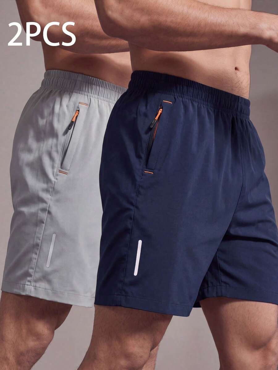 2pcs Men's High-Performance Casual Loose Quick-Dry Sports Shorts, With Reflective Stripes, Pockets, Zipper And Waist Drawstring, Soft And Lightweight For Training And Exercise - Multicolor - View 1