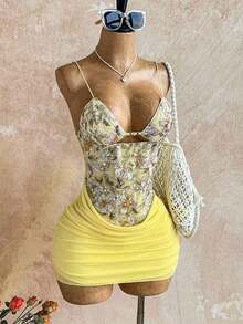 Vestido mini con camiseta sexy con pliegues y calado para mujer - Multicolor - Ver 5