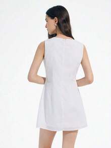 MEXChiquease Vestido corto para mujer de estilo campestre francés elegante y minimalista con cuello redondo, sin mangas, con bordado floral y cintura marcadaMEX QD0U - Blanco - Ver 6