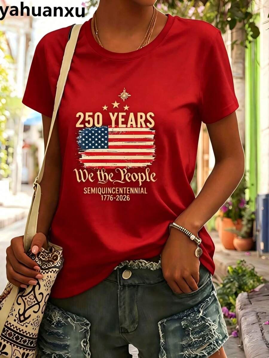 4th Of July Outfit WomenUSA 250th AnniversaryCommemorative Print Women's InspiredT-Shirt Short RoundNeckTopWhite LightweightY2K Short Sleeve Round Nec - 紅色 - 查看 1