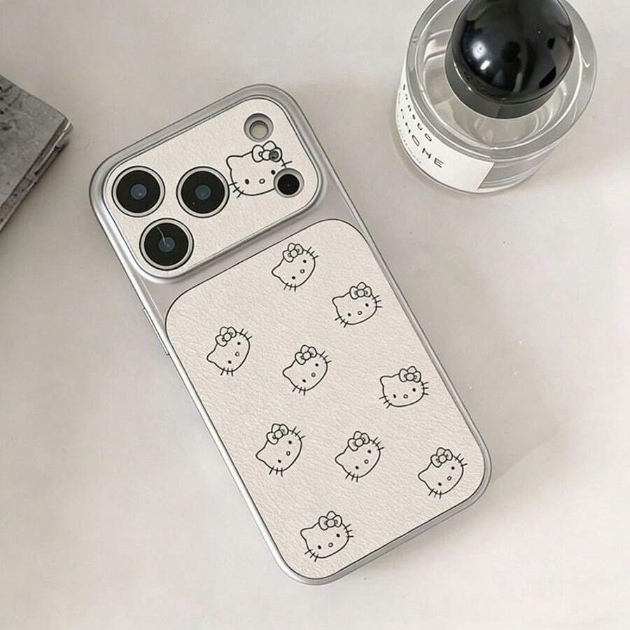 SANRIO 時尚新款可愛卡通線條 Hello Kitty 貓咪相容 iPhone 17 Pro Max 手機殼,16 Pro 新 15 女款 14 網紅 17 Pro Max 極簡 17 皮革全方位保護套 - 白色 - 查看 1