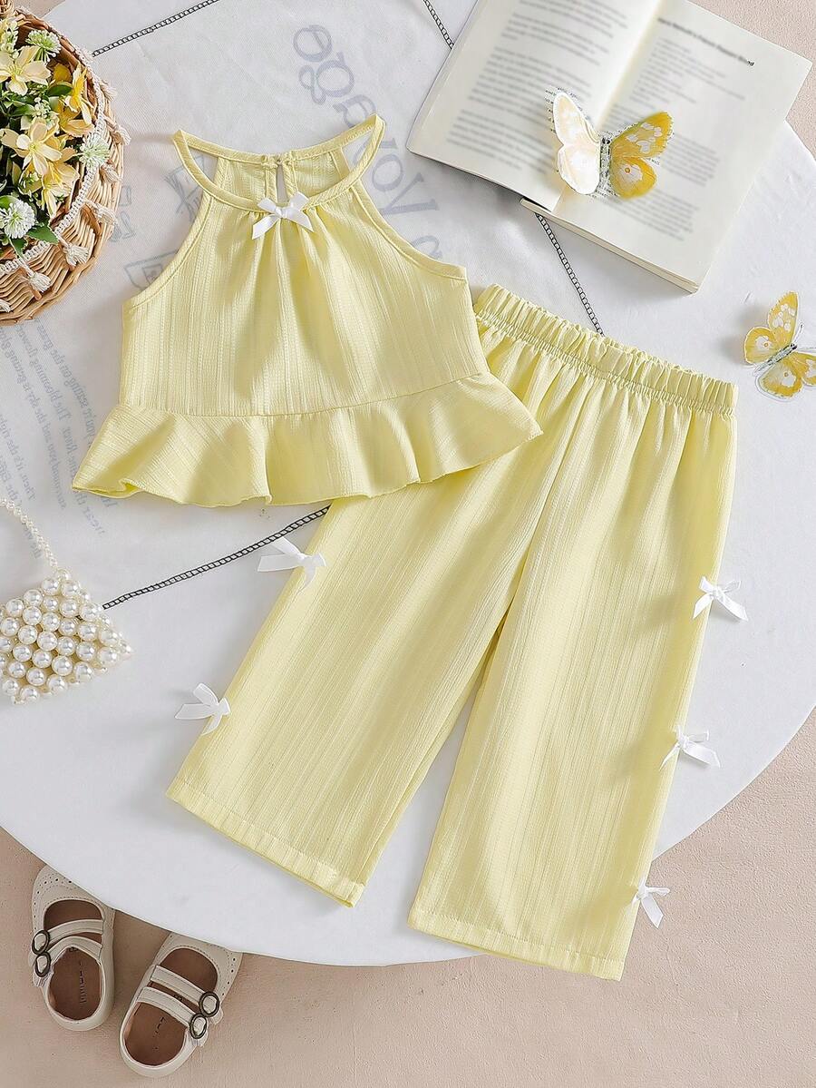Baby Girls' Solid Color Spaghetti Strap Bowknot Ruffle Hem Top And Straight Leg Pants 2 Pieces Outfit, Suitable For Daily Outings In Spring/Summer