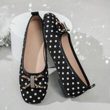 1 Pair Polka Dot Retro Fashion Bow Ballet Shoes, Suitable For Party & All Seasons - Black - View 1