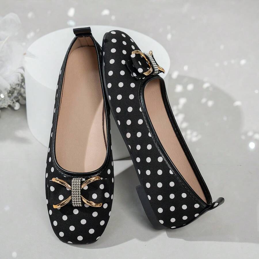 1 Pair Polka Dot Retro Fashion Bow Ballet Shoes, Suitable For Party & All Seasons - Black - View 1