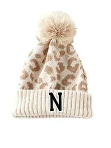 1 chiếc mũ len beanie nữ họa tiết da báo chữ A-Z thời trang, mũ len dệt dày lông xù phong cách casual cho mùa thu đông - Nhiều màu - Xem 20