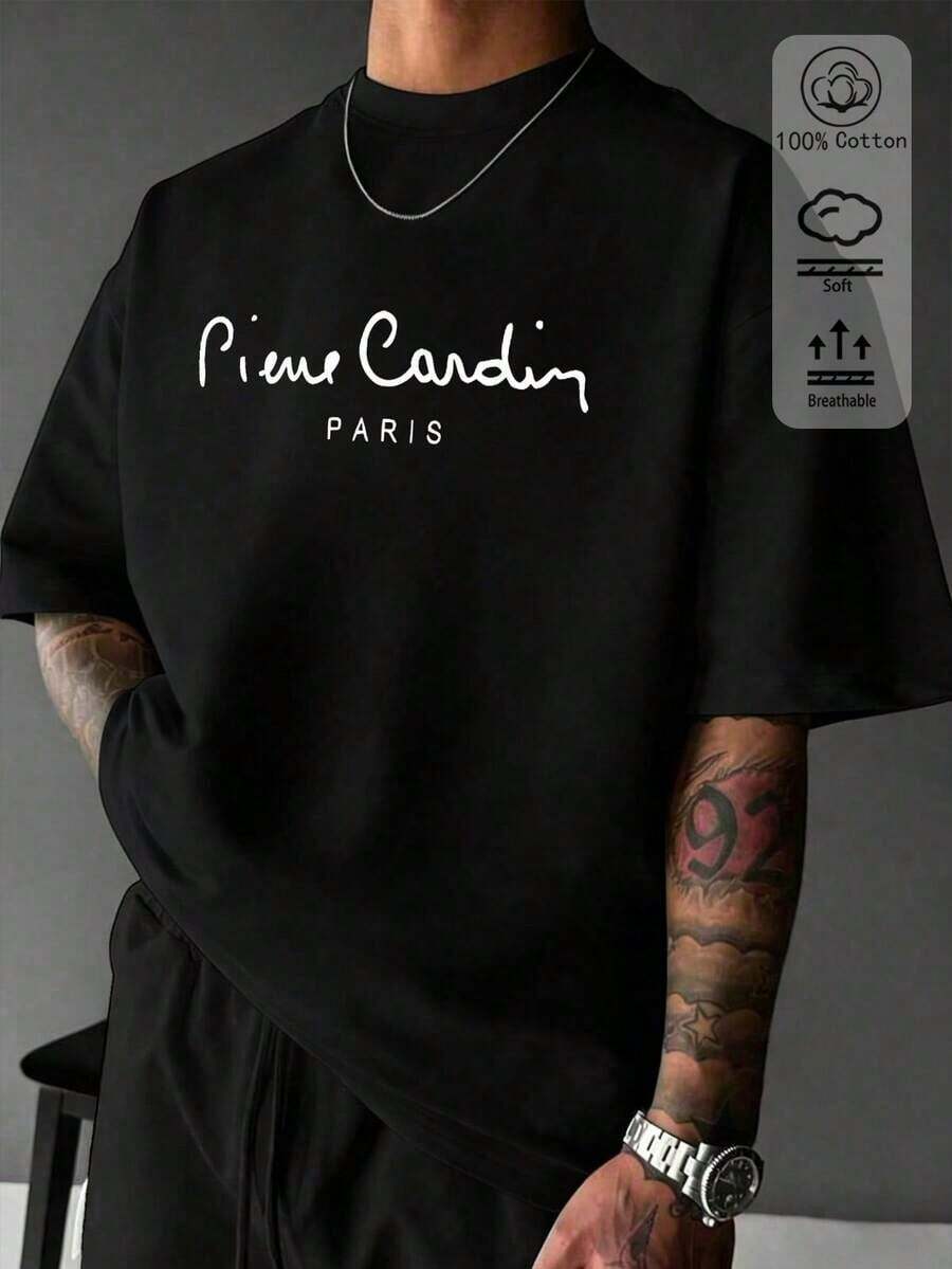 Men's 100% Cotton T-Shirt, French Minimalist Style Graphic T-Shirt, New Spring/Summer Men's Sportswear, Black Short Sleeve Casual T-Shirt, Breathable And Soft For Men. - 黑色 - 查看 1