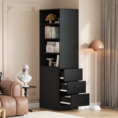 180 Cm High, Extra Narrow Bookcase With Side Drawers - Adjustable Shelves, Interchangeable Left And Right, Suitable For Small Spaces - Sideboard, Living Room Cabinet, Bookcase - Black - View 1