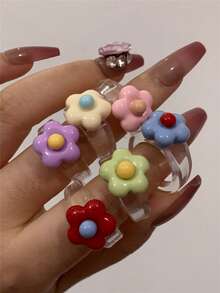 1pc Cute Bohemian Style Floral Resin Ring, Fresh Summer, Y2K Vibe, Vibrant Colors, Unique Design Women's Jewelry, Gift For Friends, Vacation Outfit Accessory - Flower Ring - View 2