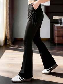 Pantalones acampanados de mujer de dos piezas falsas, talle alto con cordón lateral ajustable, cómodos para uso diario - Negro - Ver 4