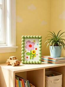 1pc Cute Beaded Photo Frame, Round Ball Edge Picture Frame, Plastic Tabletop Photo Holder, Pastel Color Aesthetic Desk Decor, Cat & Flower Print Art Frame, Boho Home Decor For Bedroom Living Room Office, Multi-Color Available - A - View 5