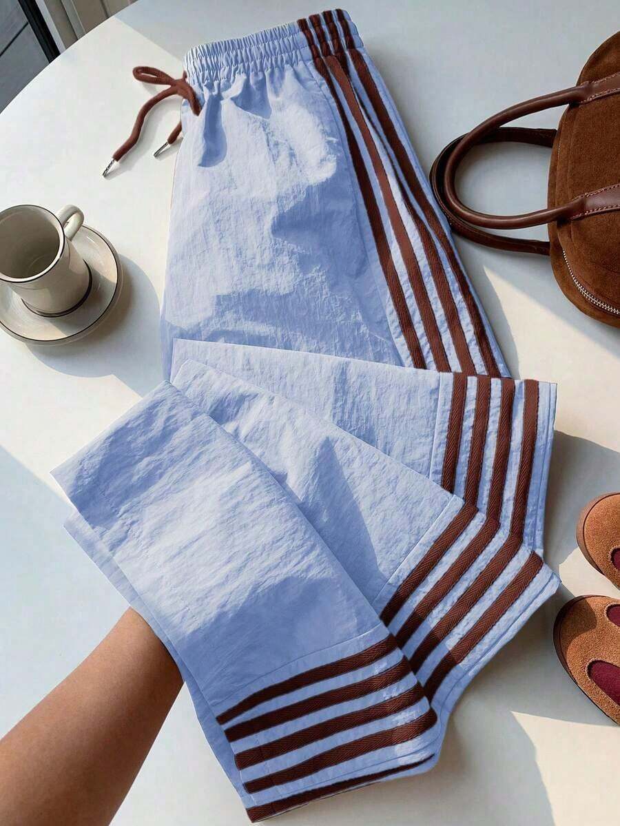 Pantalones deportivos casuales de mujer con raya lateral amarilla, cintura elástica y corte holgado, adecuados para primavera/verano, Navidad, Y2K, salidas casuales de Año Nuevo - Multicolor 2 - Ver 1