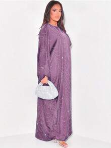 Middle East 2026 Spring/Summer New Women's Fashion Loose Rhinestone Abaya Cardigan Long Robe - Mauve Purple - View 2