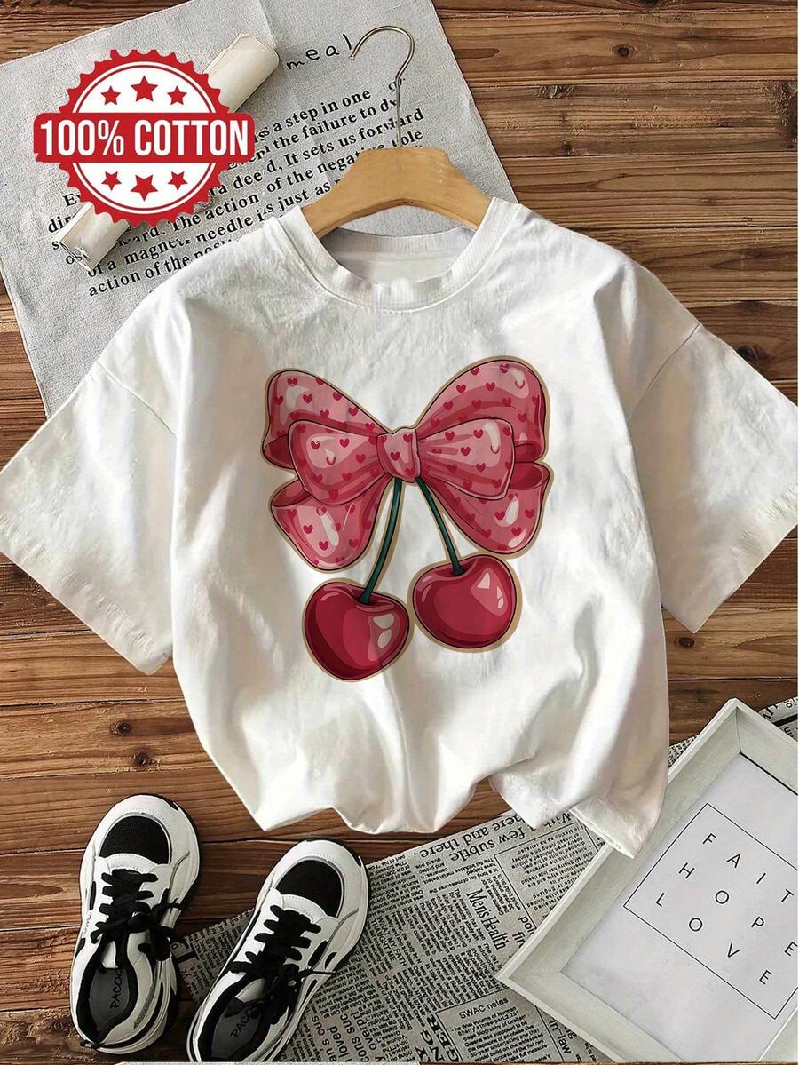 Casual Short-Sleeved Round Neck Shirt, Pink Heart And Cherry Blossom Print, 100% Cotton, Suitable For Summer And Spring, Women's Clothing, Summer Outfit For Women. - White - View 1