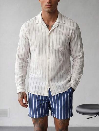 glestore Camicia a maniche lunghe a righe in stile retrò minimalista da uomo: perfetta per l'uso casual, le vacanze e gli spostamenti. Adatta per tutte le stagioni e versatile per ogni occasione. Camicia da uomo