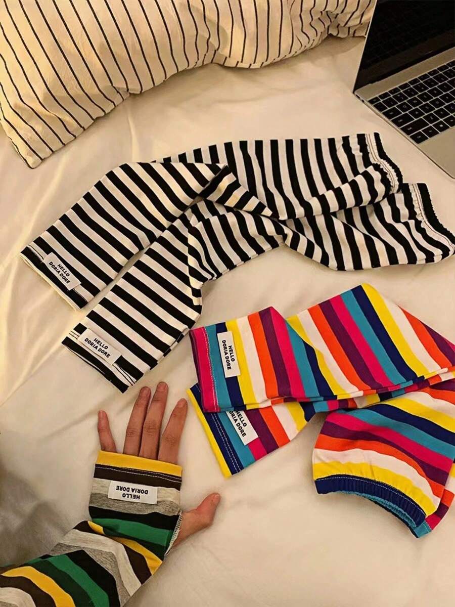 1對/2對夏季彩色條紋女款寬鬆袖套，防曬袖套，UV防護，適合戶外、開車、運動、騎行，度假禮物，輕量透氣冰感袖套，聚酯纖維材質