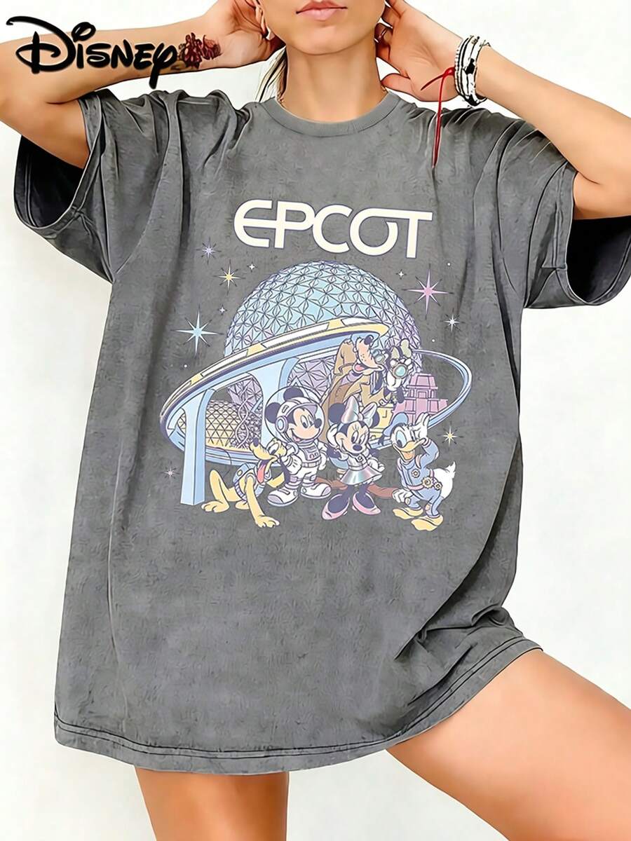 Disney Unisex TShirt Epcot Space Astronaut Mickey & Friends Graphic Washed TShirt For Women, 100% Cotton Oversized Vintage Short Sleeve Tee, Futuristic Disney Park Themed Casual Top - Grey - View 1